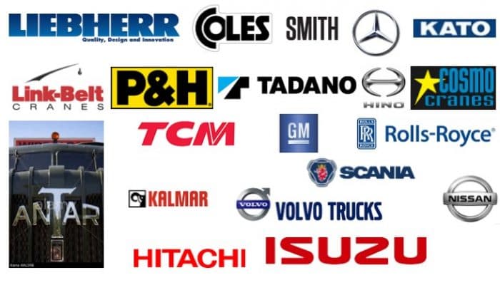 Partner brands including Liebherr, Kato, Tadano, Link-Belt, Volvo Trucks, Scania, Hitachi and Isuzu