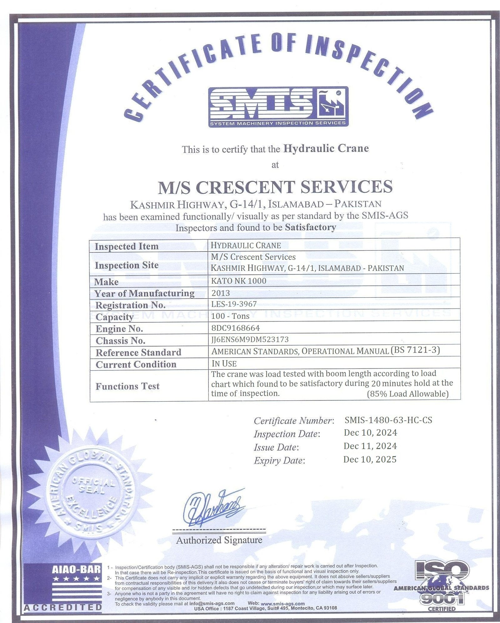 100 ton 3967 Certification