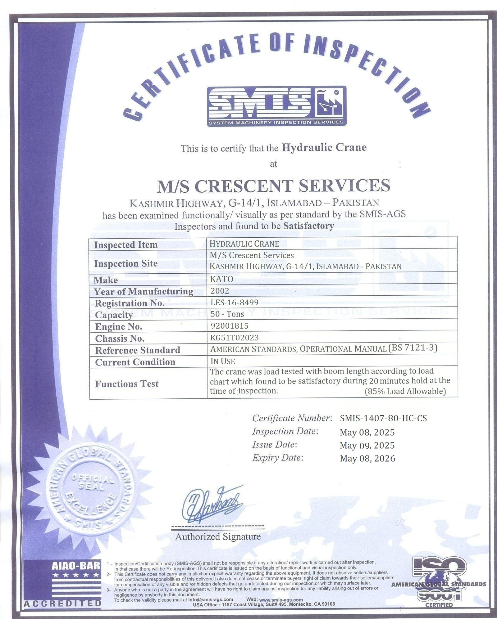 50 ton Kato Certification